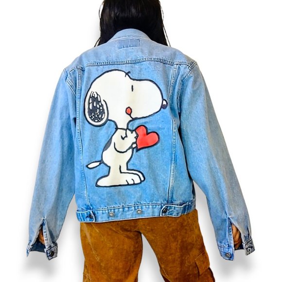 Vintage Jackets & Blazers - Sold-vintage Snoopy denim jean jacket with back leather patch